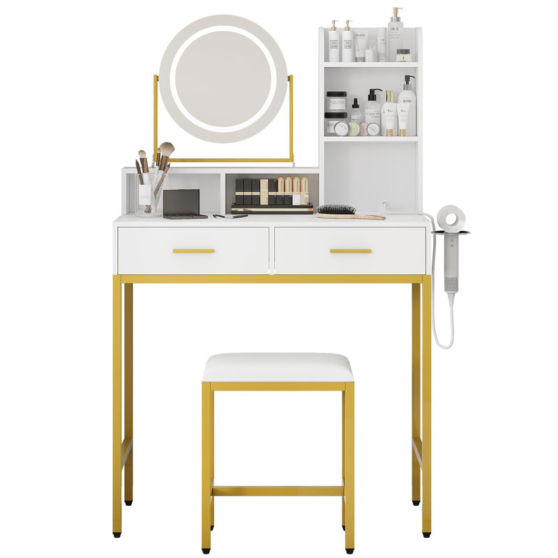 Gold Makeup Vanity Desk With Rotating Mirror Three Color Adjustable Light Wood Vanity With Two Drawers Stool Power Outlet Vanity Set For Bedroom And Dressing Room Use