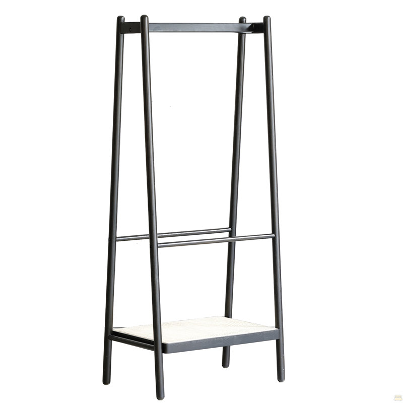 (Noir) Portant à vêtements en bois de chêne massif, portemanteau en rotin noir avec portemanteaux