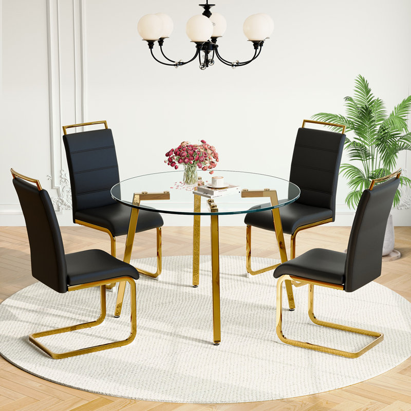 5-Piece Round Glass Dining Table Sets, 29.5"H x 42"L x 42"W, Black
