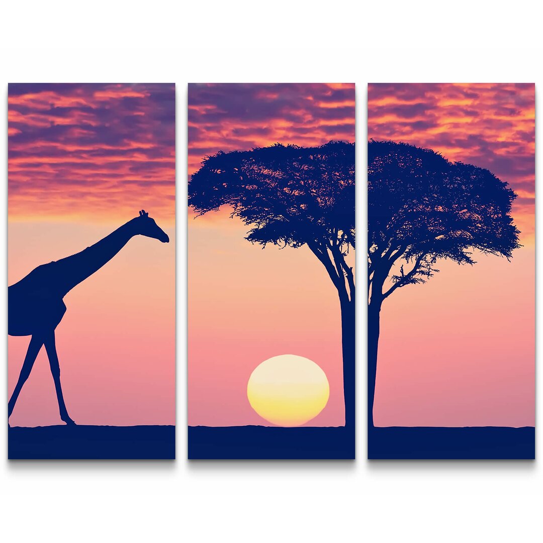 3-tlg. Leinwandbilder-Set Giraffe bei Sonnenntergang