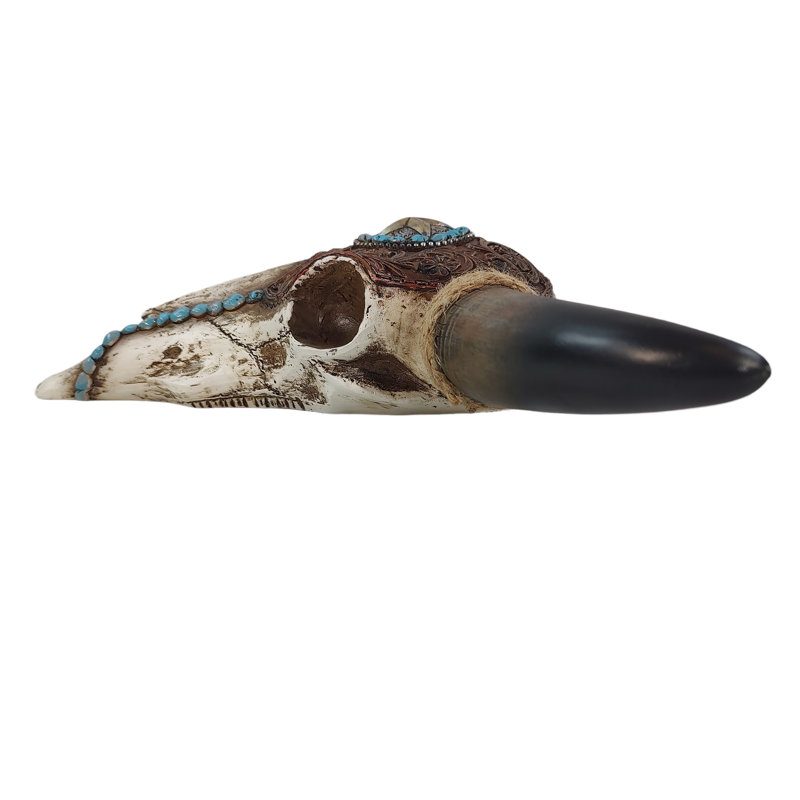 Distressed Tooled Leather Cow Bull Skull with Star & Turquoise Pebble Accent Hanging Wall Décor