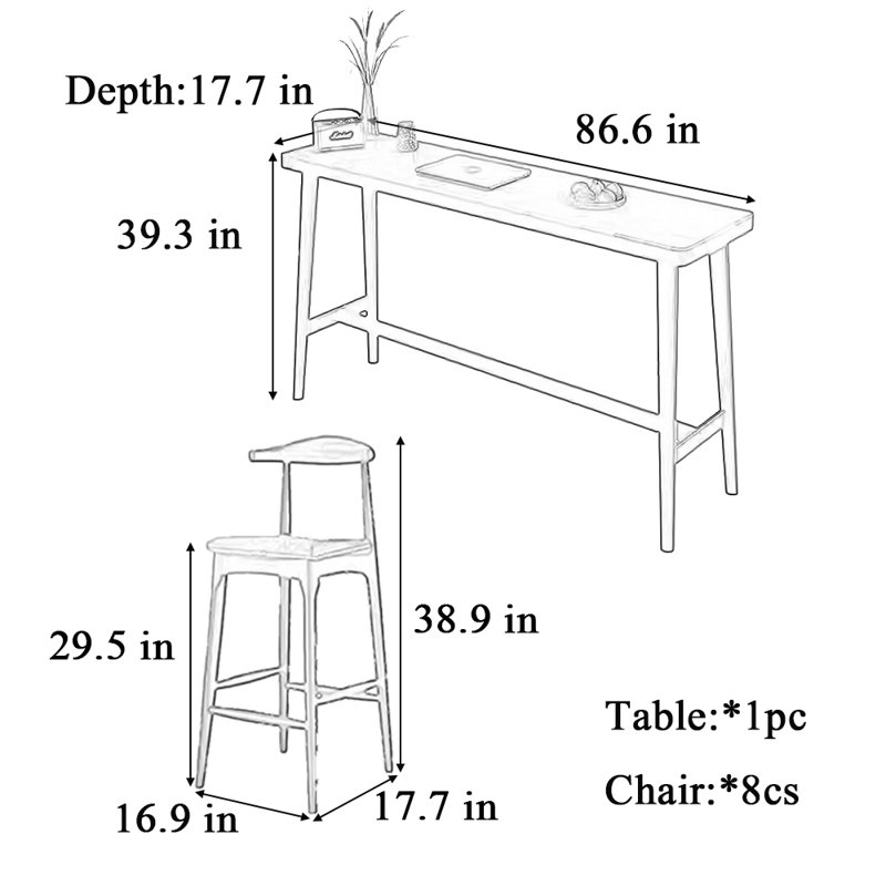 Tables et chaises de bar simples et modernes en bois massif, H 39,3 po x L 86,6 po x l 17,7 po