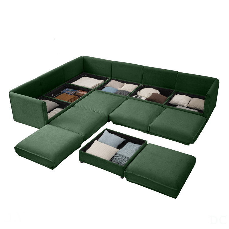 Grand canapé modulaire modulaire avec rangement, tissu chenille, dossier cylindrique et accoudoirs, 6 sièges pour le salon