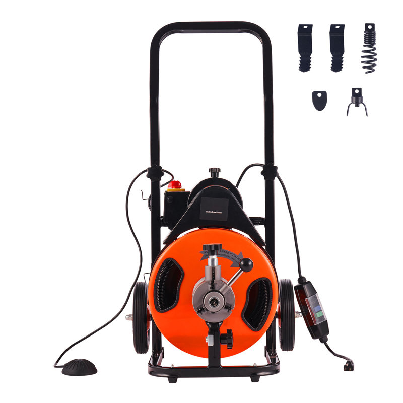 Drain Cleaning Machine 100FT x 3/8 Inch, Sewer Snake Machine Auto Feed, Drain Auger Cleaner with 4 Cutter & Air-Activated Foot Switch for 1" to 4" Pipes