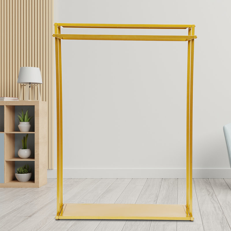 Metal Clothes Garment Storage Rack Standalone Hanger Double Rods Gold