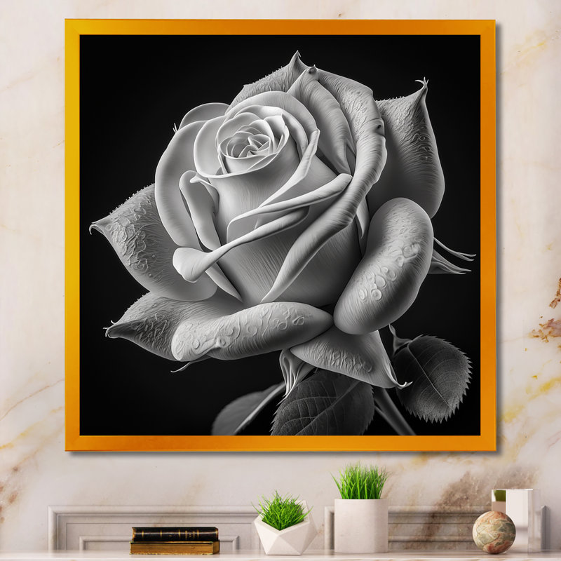 «Blossoming White Rose On Black I» - décoration murale rose, H 30 po x l 30 po x P 1 po, Encadrement doré