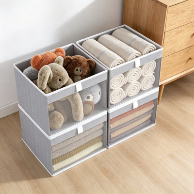 Linen Closet Organizers and Storage Bins, Foldable Basket with Mesh Window for Clothes, Towels, and Toys, 12.75 x 12.75 x 9 Inches, Gray, 4 Pack