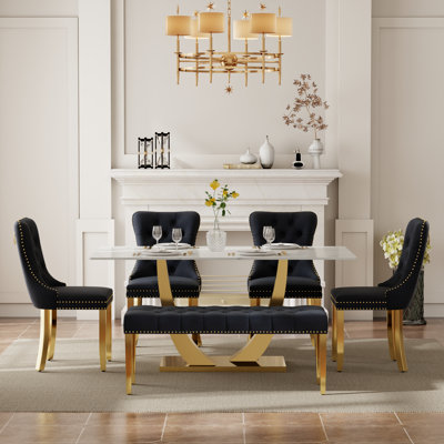 Ensemble de salle à manger rectangulaire avec banc, table de cuisine moderne de style Mid-Century et chaises capitonnées et banc de salle à manger de style luxueux Glass