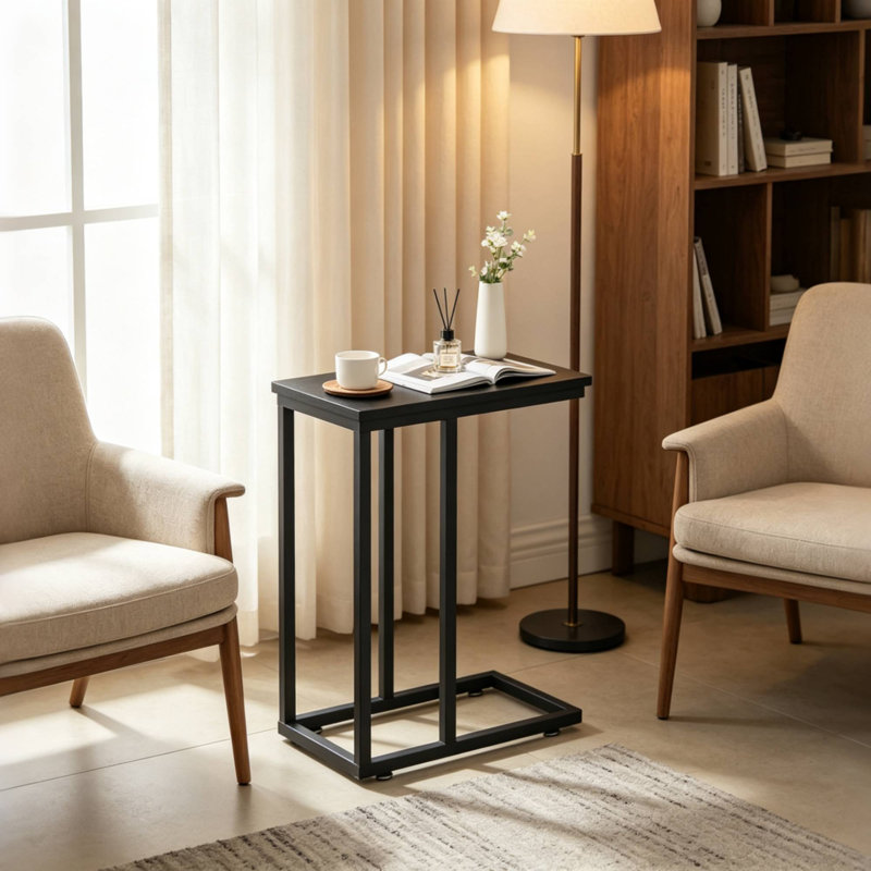 Camillie C Shaped End Table TV Tray Set, Black Top/Black Base