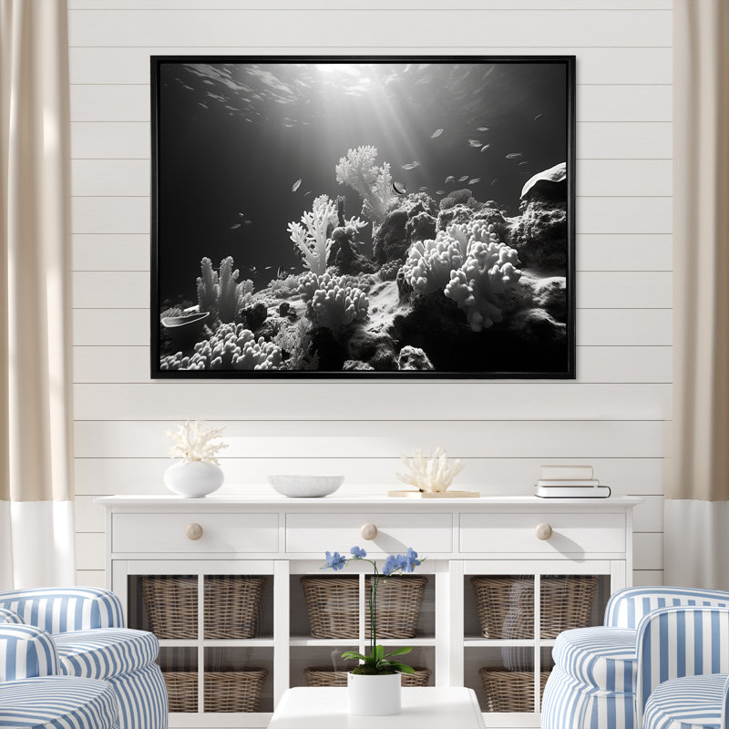«Black and White Coastal Corals I - Beach & Ocean», reproduction d'art sur toile, Cadre flottant noir