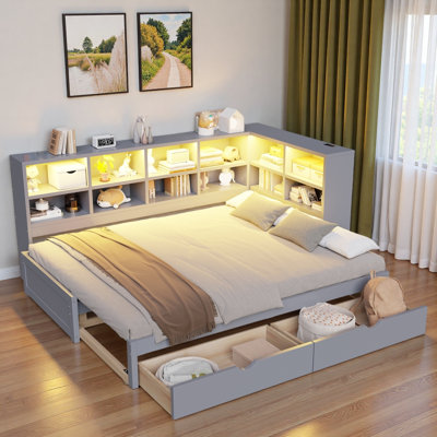 Lit de jour moderne avec 2 tiroirs de rangement, armoires de rangement, lumière DEL et ports USB