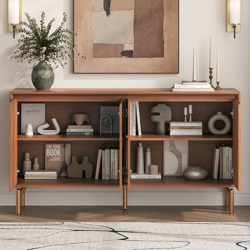 Armoire de rangement, buffet de 59 po avec 4 portes, armoire d'appoint en bois de style Mid-Century moderne, crédence à chevrons pour salle à manger, salon, entrée, brun