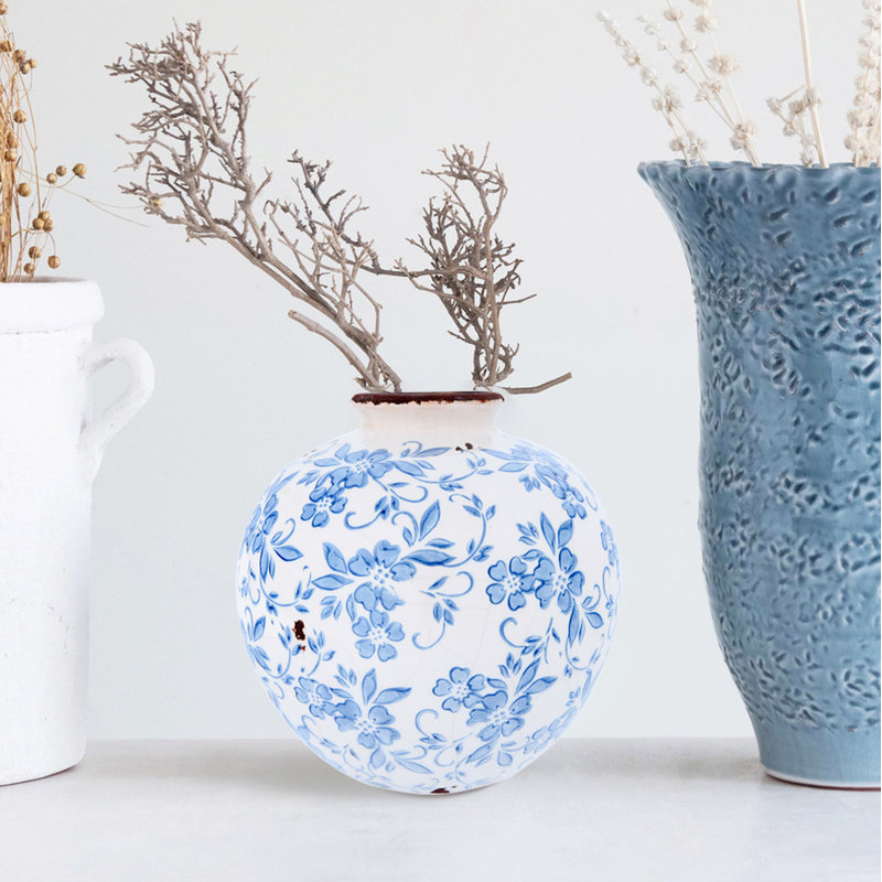 Dolohov Round Decorative Terra-cotta Vase with Transferware Pattern
