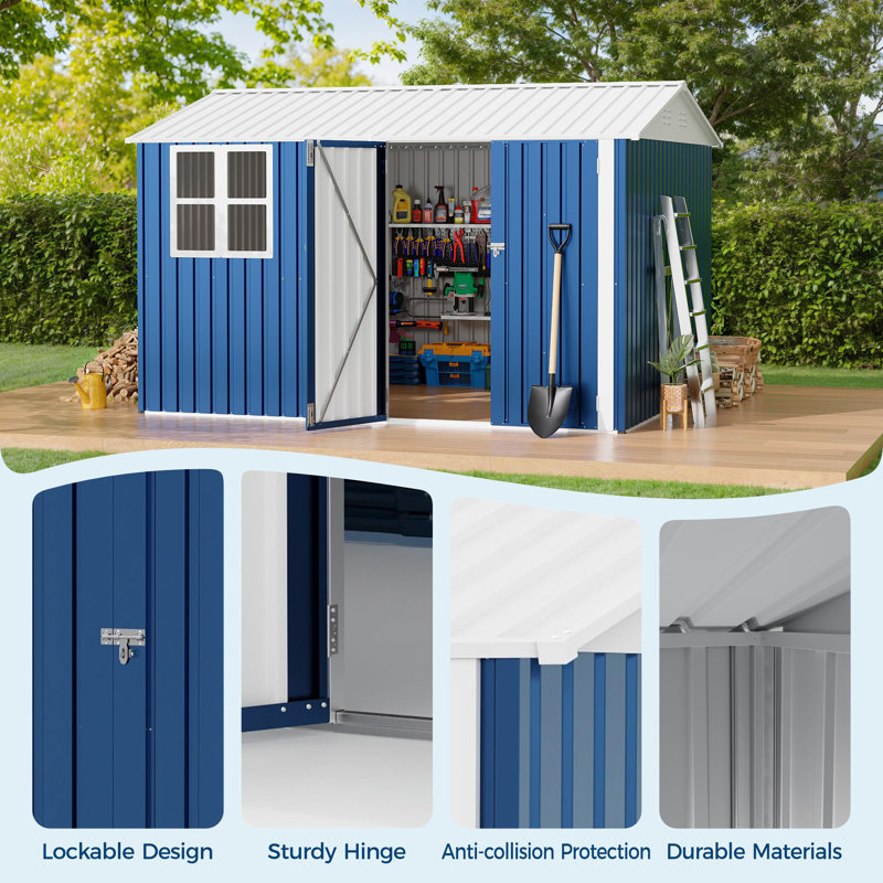 Remise de rangement 10X8 pi avec fenêtres croisées et portes doubles, Bleu