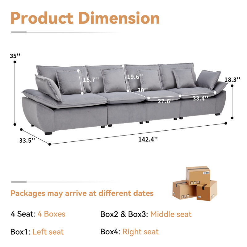 Canapé rembourré doux avec coussin 142,5 po 4 sièges, 4, Gris