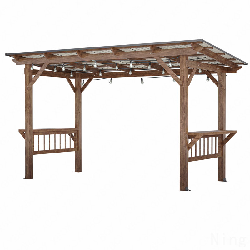 13X6.5FT Gazebo Wood, For BBQ Use With Metal Roof & Bulbs & Bar Counters