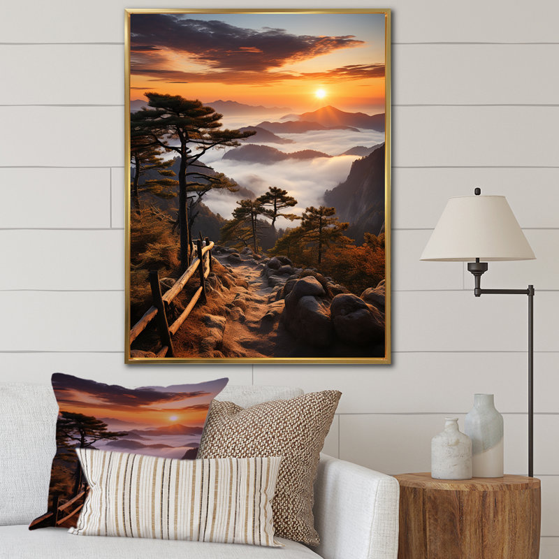 Montagne, forêt, coucher de soleil, silhouette II, Cadre flottant doré, H 60 po x l 28 po