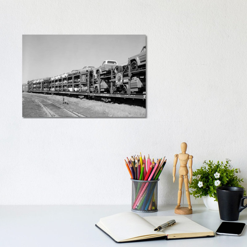 1960s Railroad Freight Train Carrying Automobiles And Pickup Trucks - Wrapped Canvas Print, 20.32 cm H x 30.48 cm W