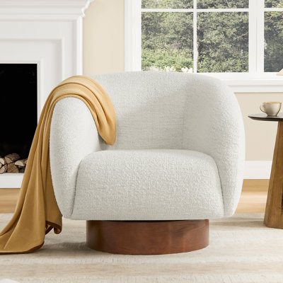 32.5″ Sculptural Boucle Swivel Chair with Thick Wood Base