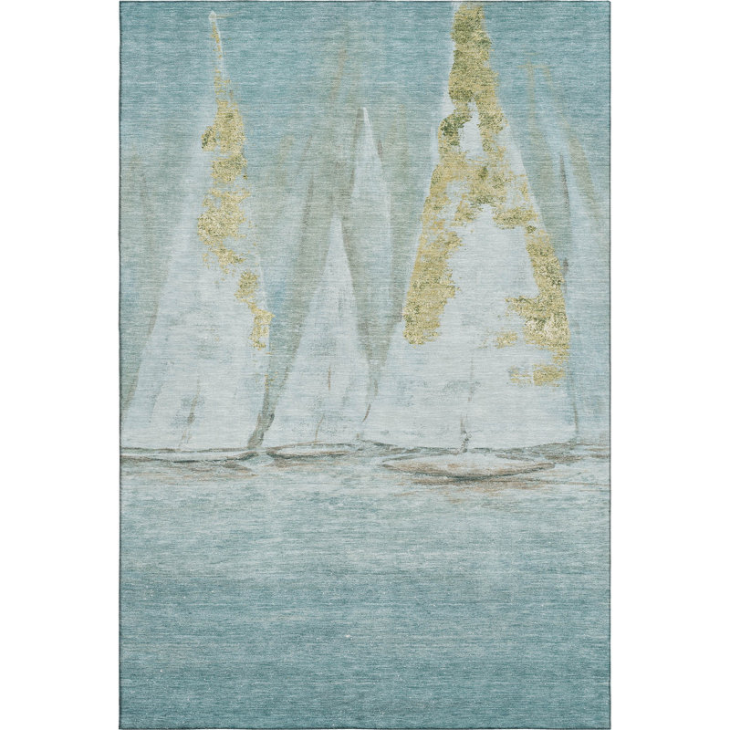 Premium Machine Washable Mayfield AMF2084 Coastal Rug, Teal, 3' x 5'