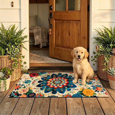  Non-Slip Indoor Outdoor Door Mat, 20"x32",Bohemian Floral Mandala