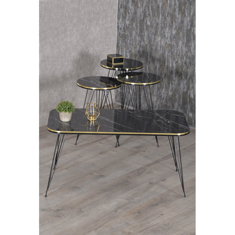 Angelia Living Room Table Set, Black Marble