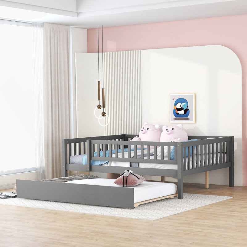 Wood Daybed With Trundle And Fence Guardrails, Gray