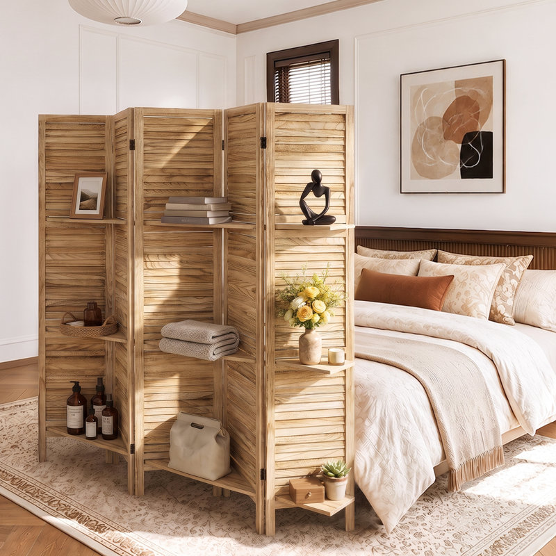 Paravent double face avec tablettes pour la séparation des pièces, 5, L 79 po x H 67 po, Beige
