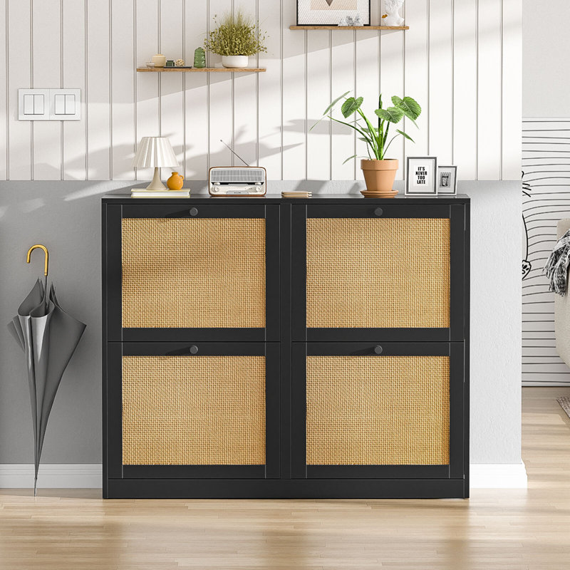 Rangement pour 20 paires de chaussures avec armoire à chaussures en rotin pour 4 tiroirs, Noir