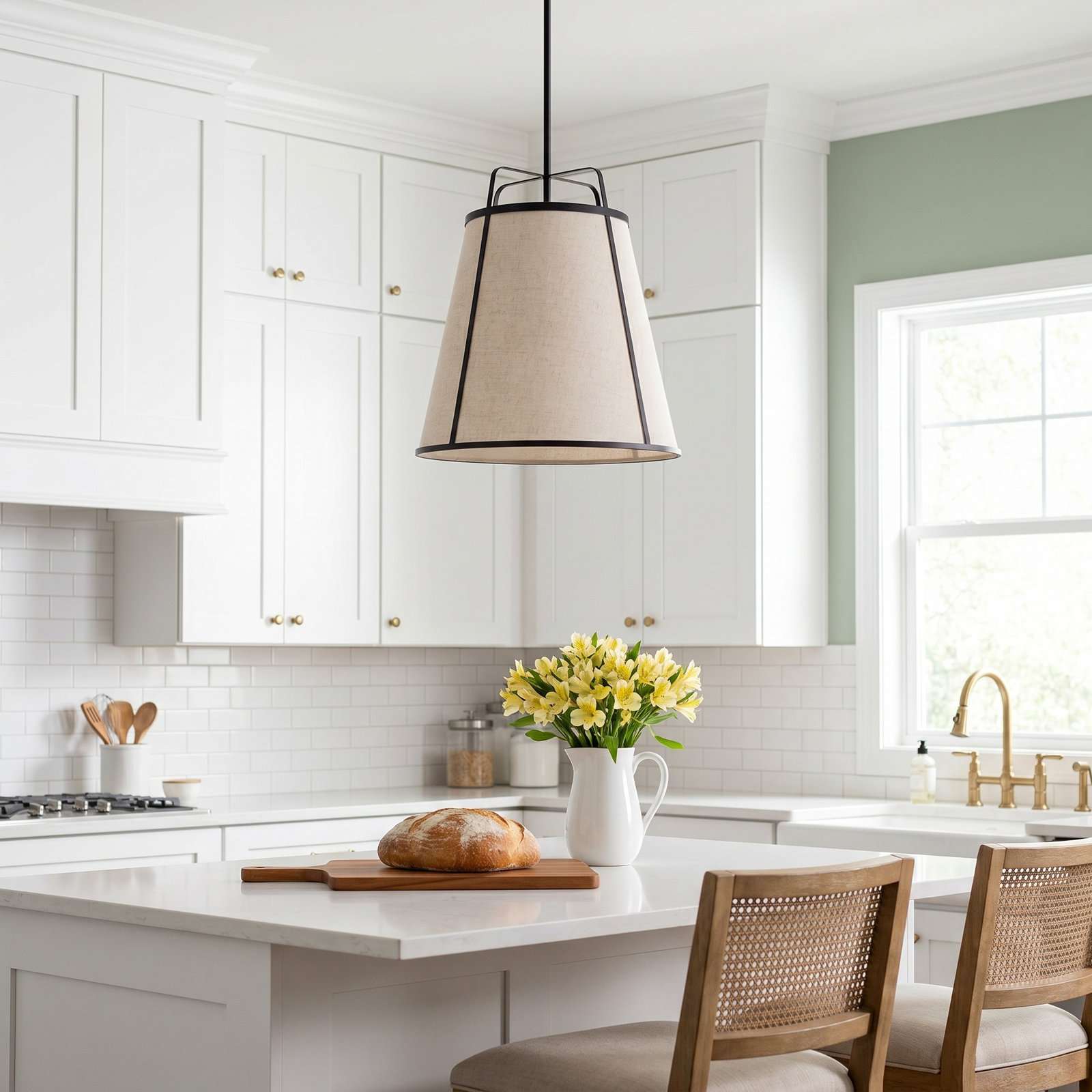 Dimmable Linen 3-Light Pendant, Matte Black, Beige