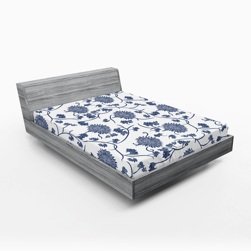 Ambesonne Fitted Sheet 2-Pack, Blue/White Floral, Full Fitted Sheet