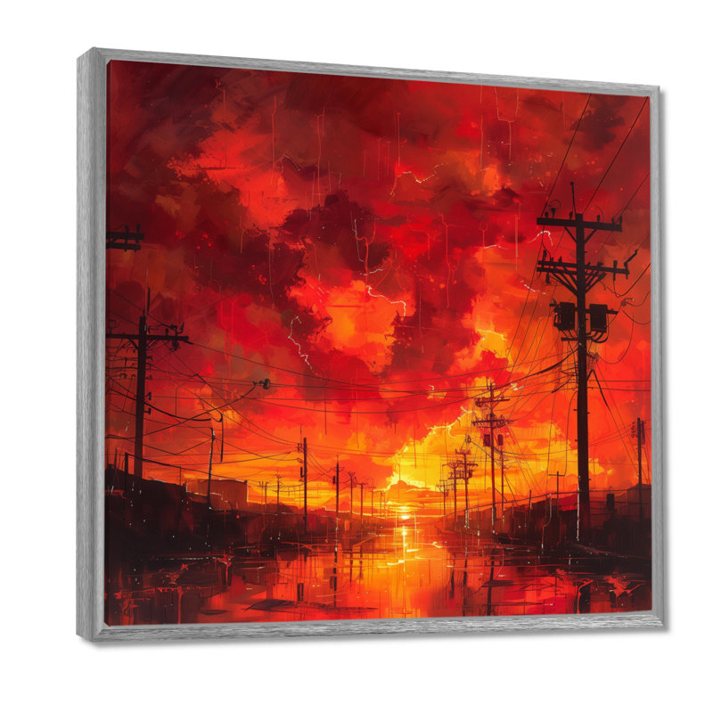 Rouge, jaune, tension, lignes électriques I - Power Lines Wall Art, H 16 po x l 16 po x P 1 po, Encadrement argenté