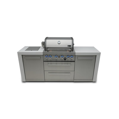 Mont Alpi Premium 82"W x 23"D x 46"H Deluxe Stainless Steel Modular Outdoor Kitchen Island with Side Burner + 32"W 4-Burner BBQ Grill + Granite Countertops & Sides + Storage Cabinets & Drawers + Weather Cover + Natural Gas Convertible + Lifetime Warranty
