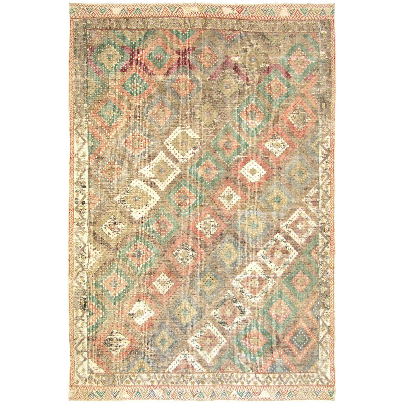 Tapis unique en laine noué à la main beige, vert et orange des années 1960 de 6 pi 5 po x 9 pi 6 po