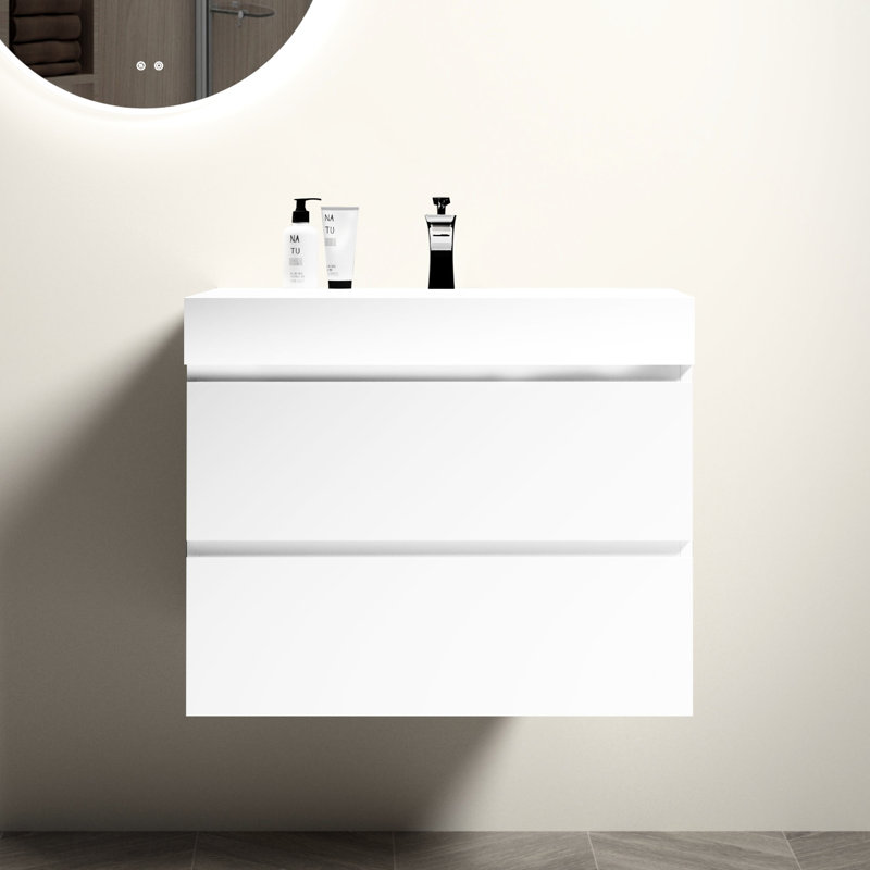 Lavabo intégré avec surface solide Bb02 - 30 101, couleur blanc brillant, conception élégante, avec trop-plein, profondeur de 29,4 po, largeur de 17,95 po, esthétique moderne 41,36 lb, robinet sans bonde, fonction de trop-plein, large, 6,62 po