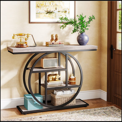 Console industrielle de 41,3 pouces avec 4 tablettes de rangement à 4 niveaux, structure en métal circulaire unique pour les entrées et les salons modernes