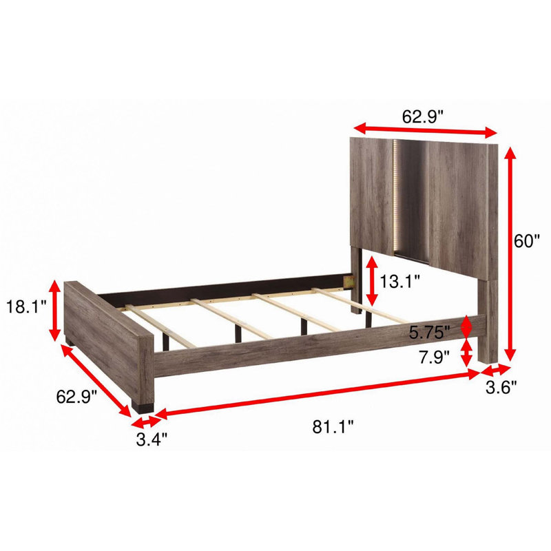 Panel LED Light Headboard Bed 1Pc(Only Bed), Brown, Queen