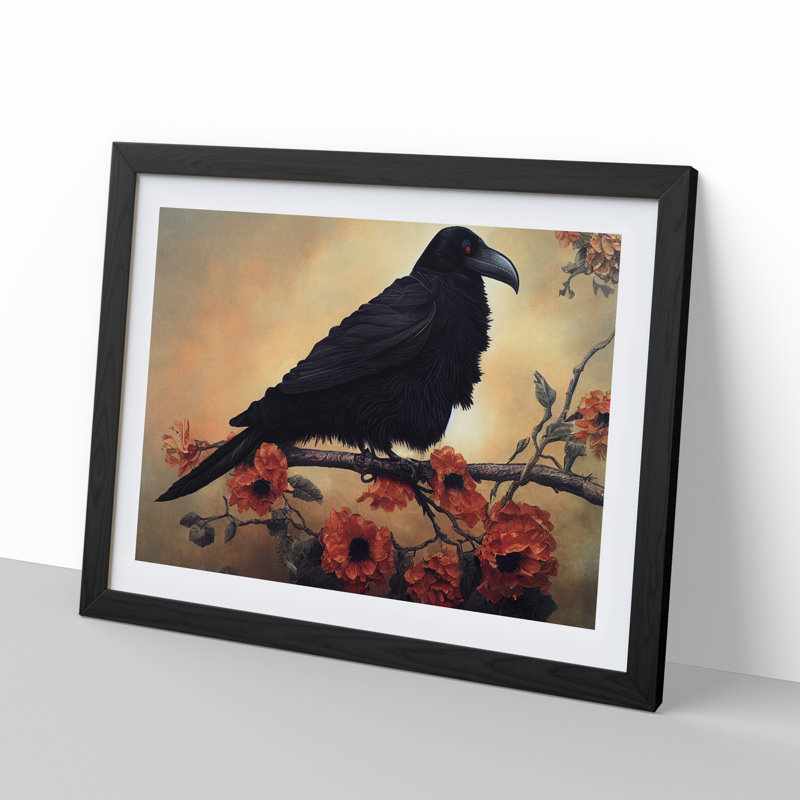 Magnetic Raven Bird - Single Picture Frame Painting, 25cm H x 34cm W x 2cm D, Black