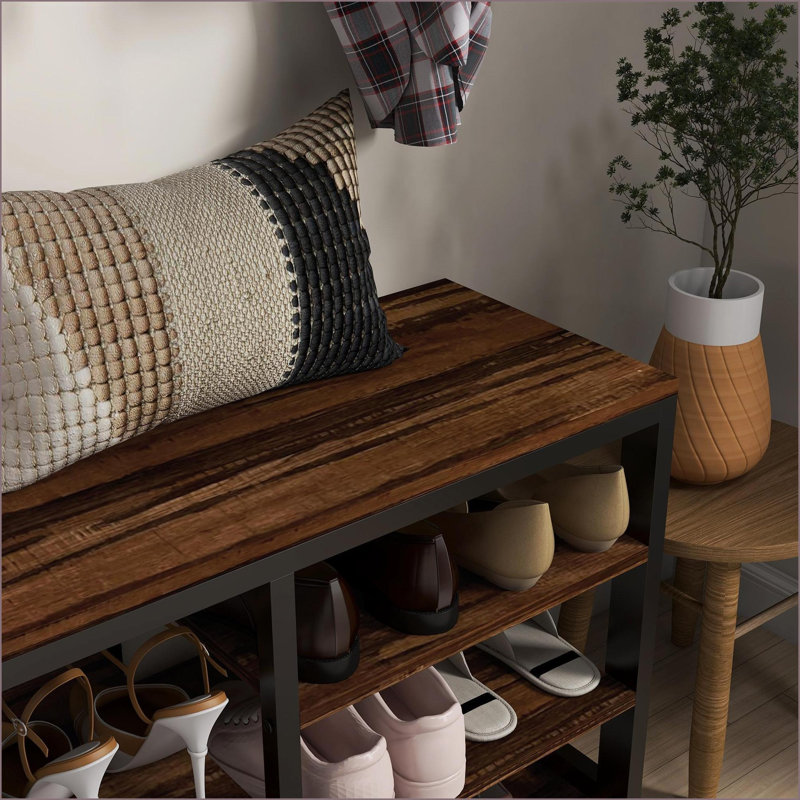 Portemanteau & amp; Banc à chaussures, 5 crochets avec rangement pour 10 chaussures, aspect bois | Brun | Acier