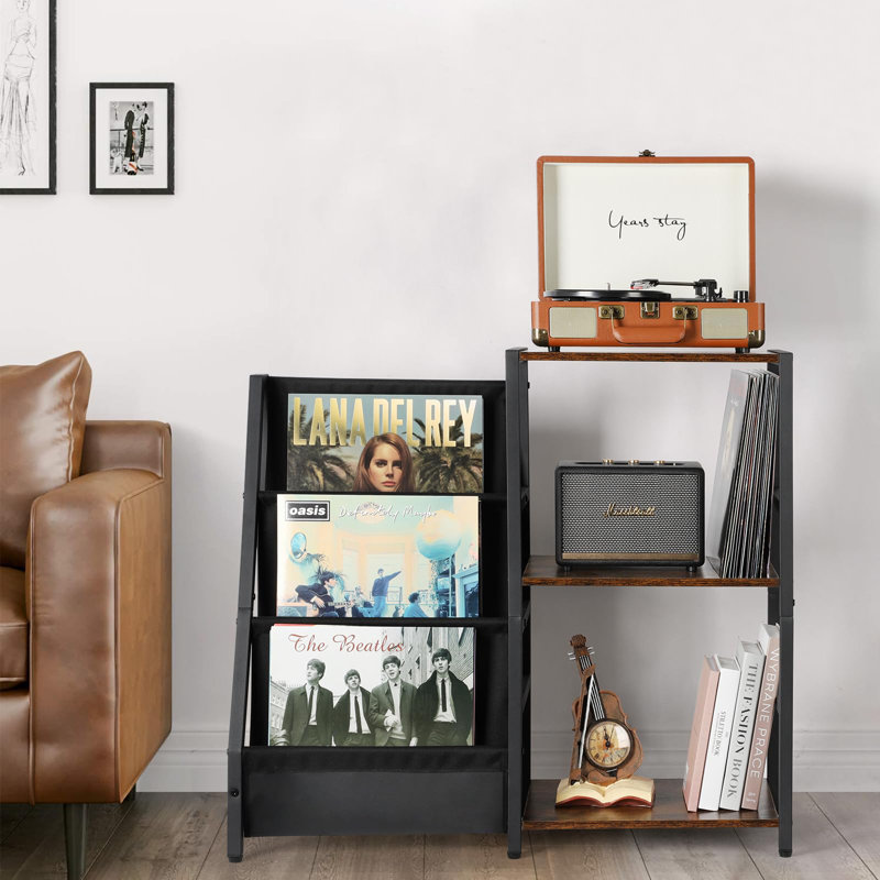 Multi-Function Brown And Black Record Player Stand With Large Vinyl Storage