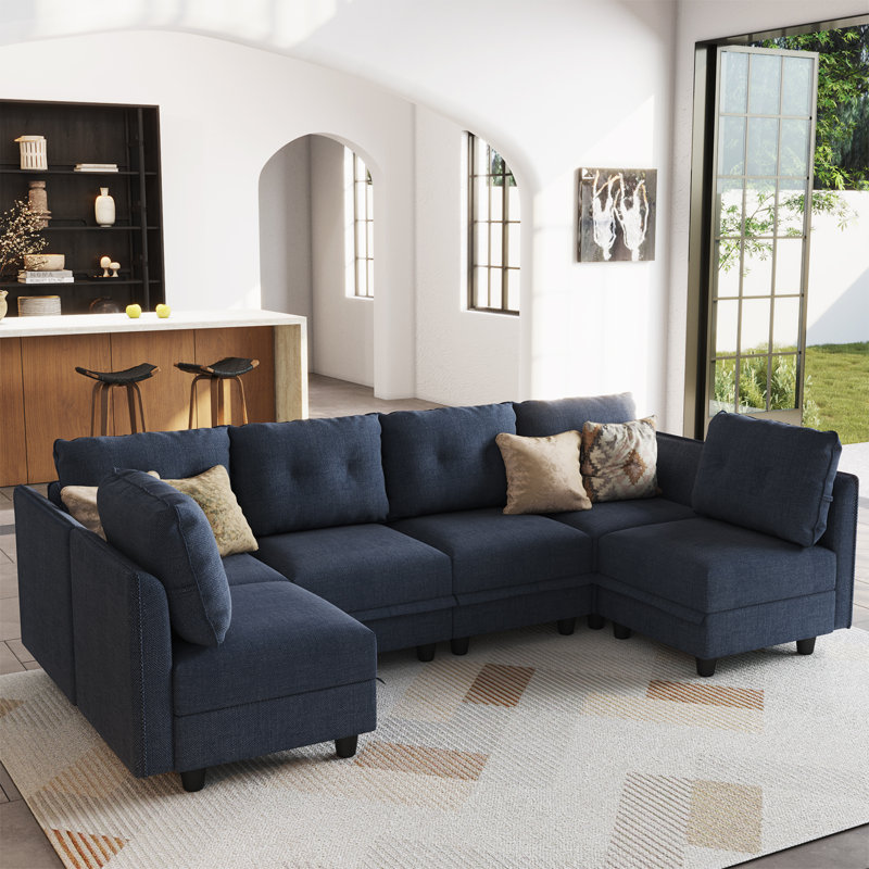 Tomario 6 - Piece Upholstered U-Shaped Modular Sectional With Storage, Blue Polyester