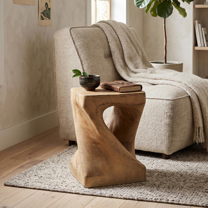 Table d'appoint d'extérieur en forme de torsion, tabouret de jardin en béton léger et table d'appoint, texture semblable au bois, conception en spirale naturelle