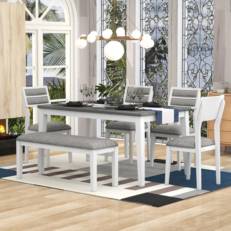 Ensemble de salle à manger 6 pièces de style classique et traditionnel, comprenant une table de salle à manger, 4 chaises rembourrées et un banc