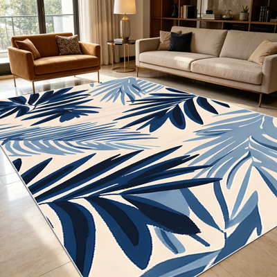 Tapis 1 pièce à motif de feuilles de palmier tropical imprimé bleu marine pour le salon, doux et confortable, convient à toutes les saisons, facile à entretenir, lavable à la machine, convient à la cuisine, la salle à manger, la chambre à coucher, l'entrée, le patio, la décoration intérieure et extérieure.