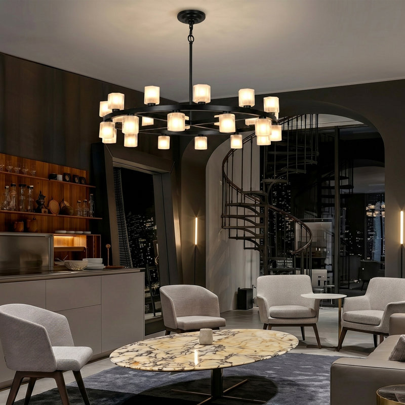 Lustre moderne noir à anneaux, grand luminaire suspendu rond de 16 lumières pour le vestibule du salon, hauteur réglable
