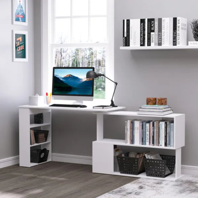 360° Rotating L-shaped Corner Desk, Home Office Computer Workstation With Multi-tier Storage Shelves