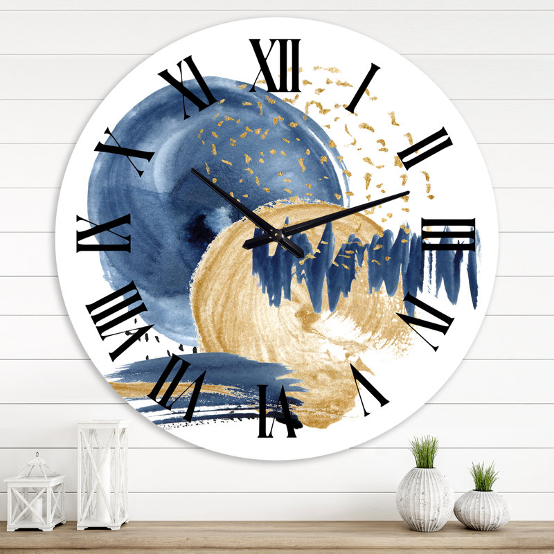 Horloge murale moderne bleu foncé et doré, Grand