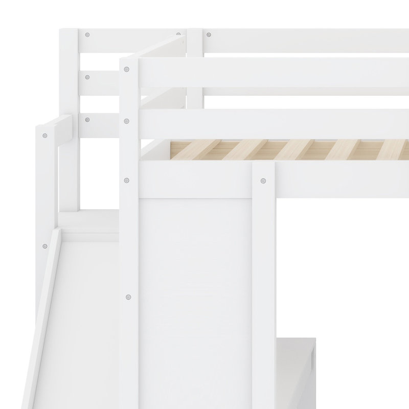 Loft Bed with Desk, Basketball Hoop, Slide and Staircase, White