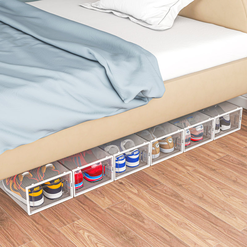 12 Pack Shoe Organizer Storage Bins, Clear Plastic Stackable Shoe Boxes For Closet, Space Saving Foldable Shoe Storage Bins, Sneaker Storage Shoe Box Container, White Frame 