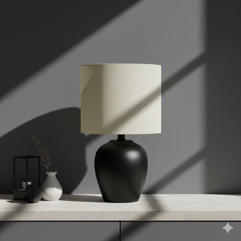 Lighting, H 17 po, lampe de table, céramique noire, abat-jour ivoire / crème, transitionnel